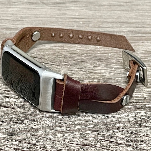 Slim Dark Brown Leather Strap Silver Fitbit Charge 5 Band Women Fashion Bracelet - Picture 2 of 8